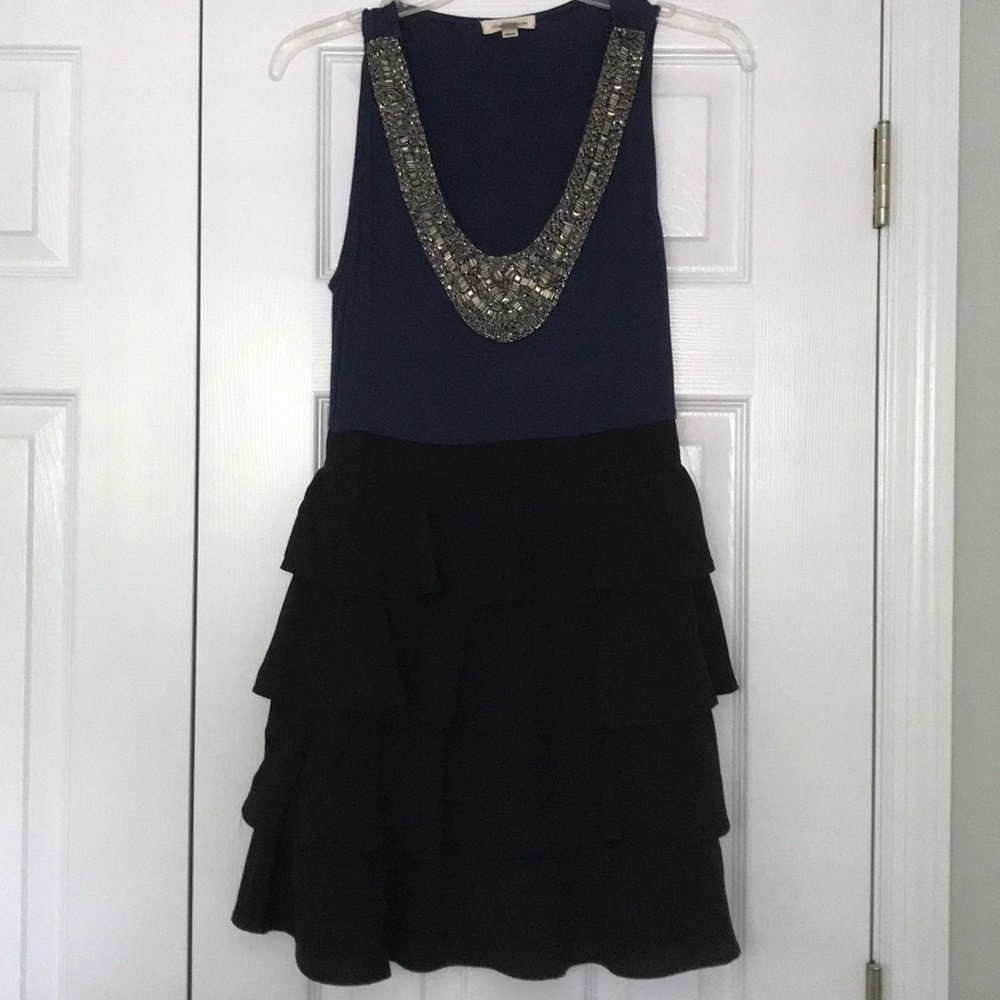 *Silence+Noise*Navy Plunging Beaded Neckline Dress